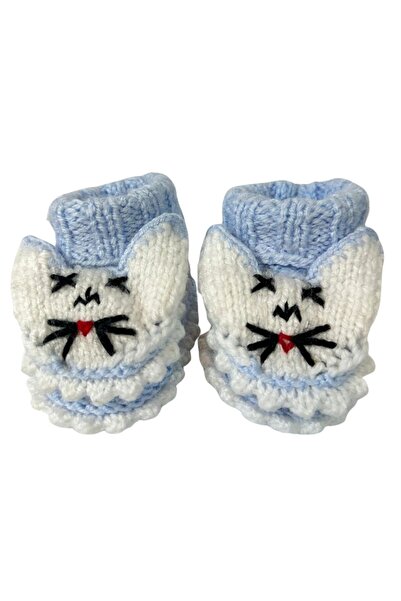 Uretti - Çiğdem 1390 6717 Hand Knitted Rabbit Patterned Blue Baby Booties / 12 - 24 Months