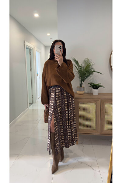 BİRCANÇİL Mostane Brown Side Belt Detailed Slit Skirt