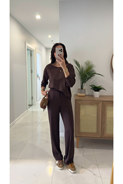 BİRCANÇİL Wiweta Brown Boat Neck Modal Set