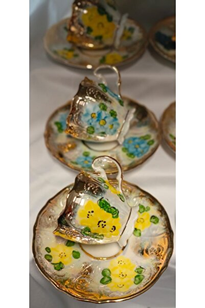 BY.RAYKA PORSELEN El Dekor Papatya Porselen El Boyama Coffee Cup Set