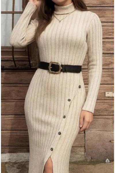 Butik Women's Long Sleeve Turtleneck Slit Button-Up Hooded Camisole Dress