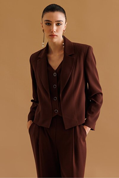 Moda İlgi Modailgi Kırlangıç Yaka Kuptan Kesik Yelek Detaylı Astarlı Kısa Ceket - 40030 Kahve