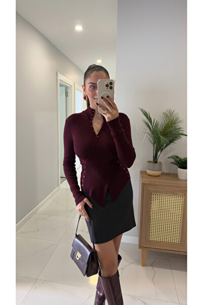 BİRCANÇİL Yegon Burgundy Waist-Tied Knitwear