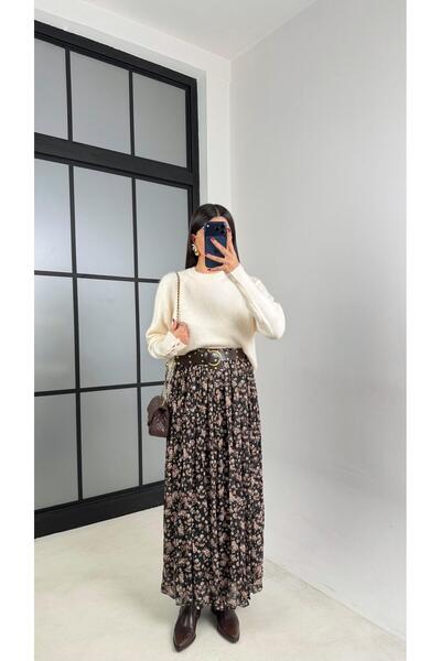 Gaus Siyah Çiçek Desenli Kemerli Astarlı Etek GAUS-00643