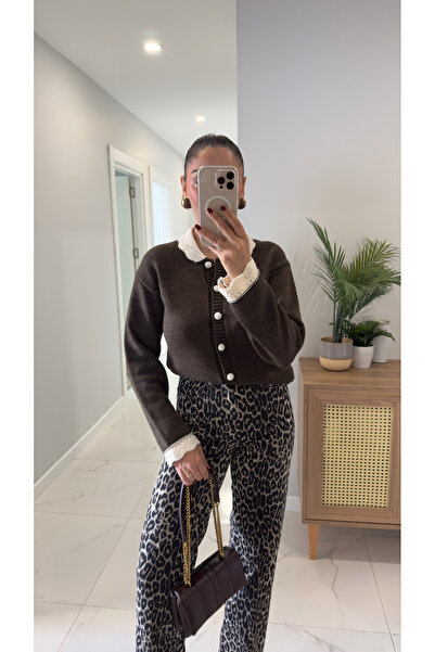 BİRCANÇİL Persala Brown Melange Cream Peter Pan collar Piece Cardigan