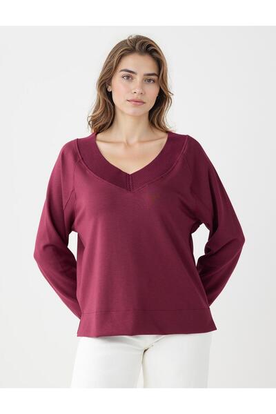 Jimmy Key Burgundy Long Sleeve V-Neck Knitted Modal Sweatshirt