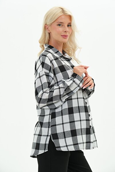 BUSA Maternity Long Sleeve Plaid Shirt Black