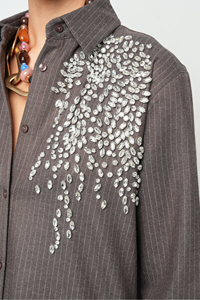 Orfeo Negro Women's Stone Embroidered Striped Brown O Oversized Shirt