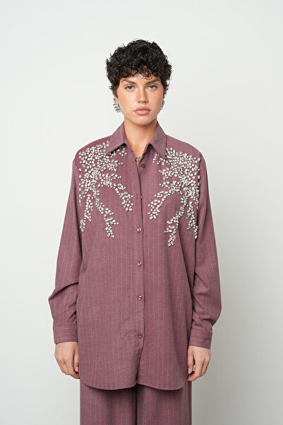 Orfeo Negro Women's Front Stone Embroidered Striped O Oversized Shirt