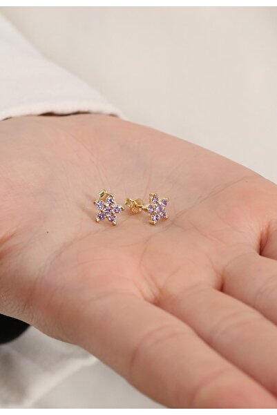 LİNOVE JEWELLERY 925 Ayar Gümüş Lila Taşlı Küpe, Gümüş Üzeri 14K Altın Kaplam...