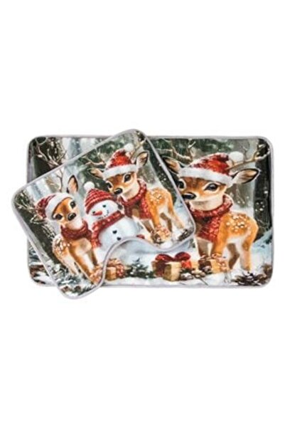 Jumbo Christmas Bathroom Mat Set with Reindeer and Snowman Pattern - 2 pcs