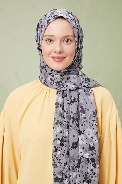 Levidor Gri Karışık Çiçek Desen Cotton Şal