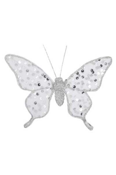 Jumbo Decorative Christmas Butterfly with Clip, White Fabric, Sequins & Silver Glitter 18 x 14 cm