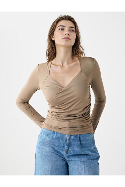 Jimmy Key Mink Slim Fit Asymmetric Collar Long Sleeve Knitted Blouse