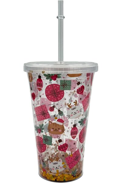 B&D Holiday Design Clear Plastic Cup with Straw, 450 ml - Festive Cat & Gift Pattern, Gold Base