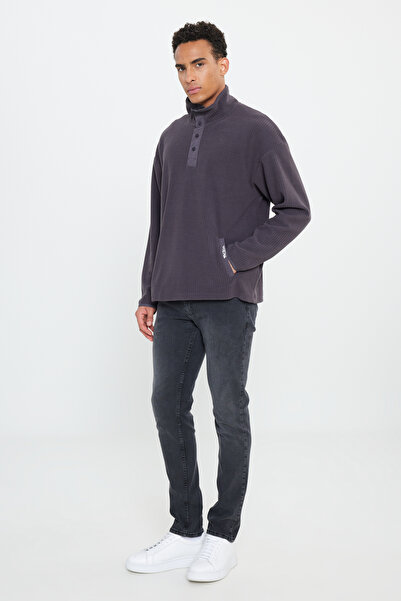 AC&Co / Altınyıldız Classics Dunkelgraues, locker sitzendes Sweatshirt mit Stehkragen und Jacquard-Weichfleece