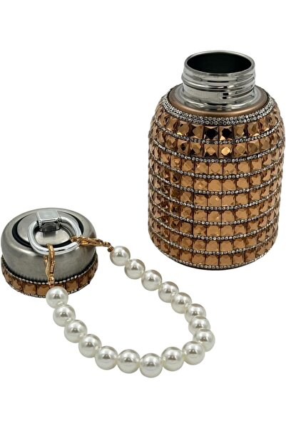 B&D Luxury 300ml Stainless Steel Insulated Flask with Pearl & Crystal Decoration (Gold Diamond Pattern)