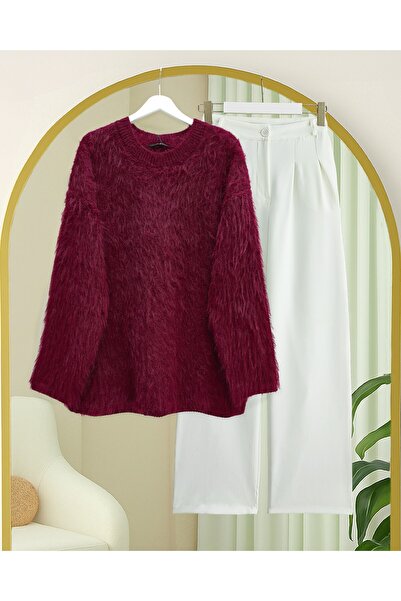 Modamorfo Round Neck Bearded Knitwear Sweater -Burgundy