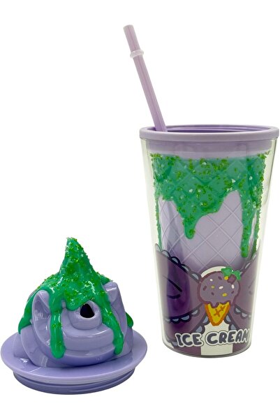 B&D Ice Cream Design Plastic Cup with Lid and Straw, Purple and Green, 500 ml, Decorative Crystal Design