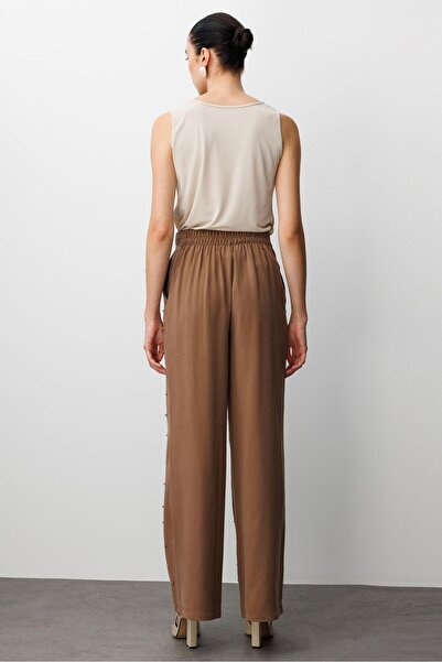 Moda İlgi Modailgi Yüksel Bel Yandan Cepli İnci Detaylı Plazzo Pantolon - 15041 Vizon