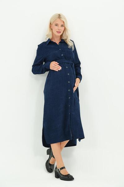 BUSA Maternity Front Button Midi Length Velvet Dress Dark Blue