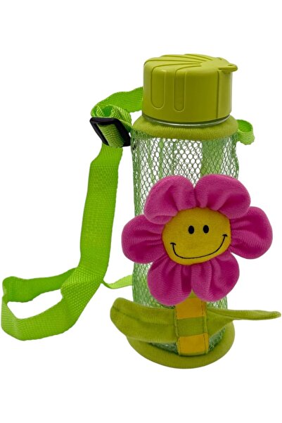 B&D Kids Water Bottle, 550 ml, Green with Pink Flower, Mesh Sleeve and Strap