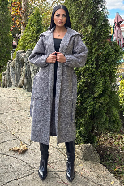 NEW LAVİVA Kadın Örgü Detaylı Astarsız Cepli Geniş Yaka Kaban NEW700-3661