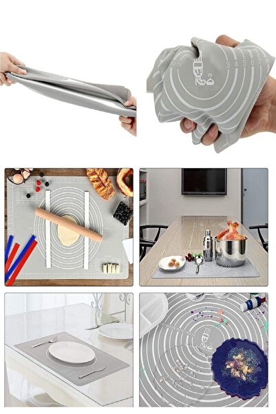 ZUZU MADE Büyük Boy 45x65 Cm Silikon Hamur Açma Matı Ve 3'lü Hamur Kesici Kazıyıcı Seti