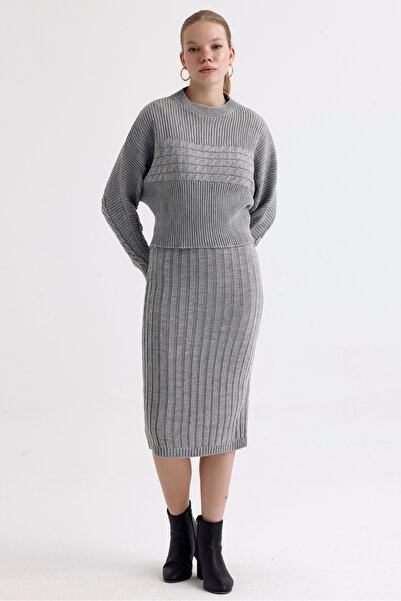 MD trend Women's Double V-Neck Ribbed Midi Dress and Crop Sweater Double Knitwear Set