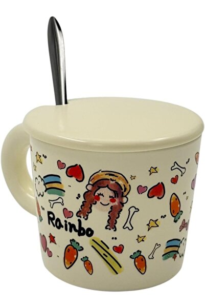 B&D Ceramic Coffee Mug with Lid & Spoon, Off-White, Cartoon Rainbow Hearts & Stars