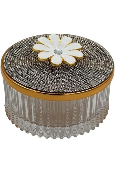 Bnd Decorative Glass Jewelry Box with Rhinestone Lid, Gold Accent & White Flower (Round)