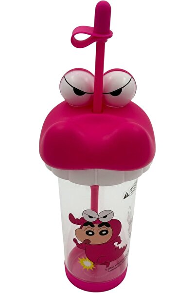 B&D Kids Cartoon Water Bottle with Straw, Pink, Transparent Plastic, 500 ml, Innovative Lid Design