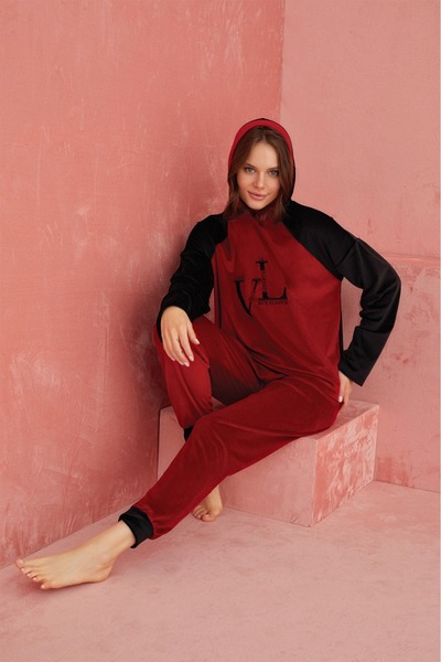 ELİTOL Kadife Vl Hooded Women's Home Set – Red Black