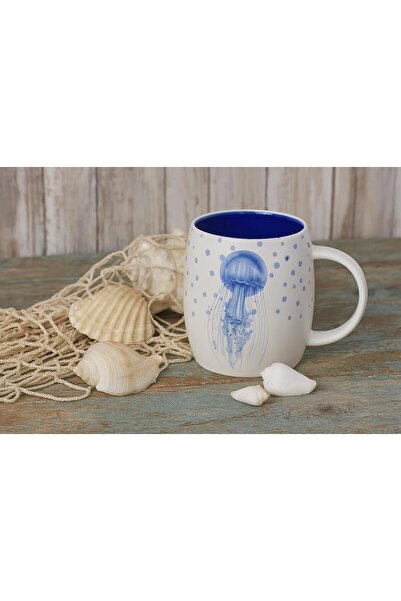 B&D Ceramic Mug with Blue Jellyfish Design, 400 ml, White and Navy Blue