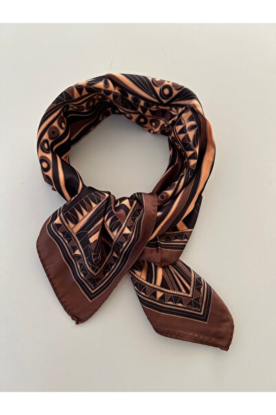 Whoknows Brown Dark Beige Patterned Scarf Bandana Women's Clothing Accessory 50X50