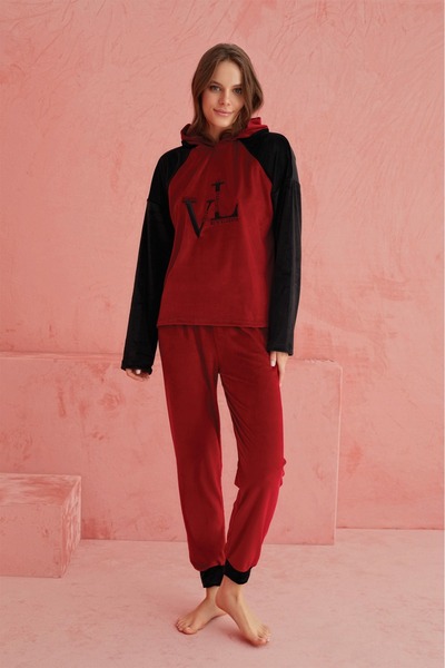 ELİTOL Kadife Vl Hooded Women's Home Set – Red Black