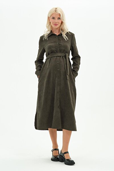 BUSA Maternity Front Button Midi Length Velvet Dress Khaki