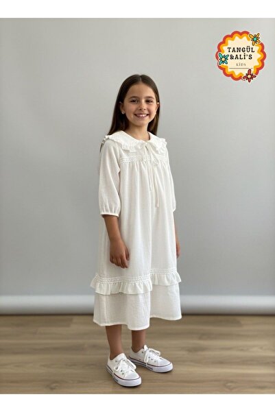 Tangül&Ali'S Moda Evi Kız Bebek Yakalı Beyaz Müslin Elbise