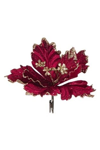 Silver Star Floare decorativă de Crăciun vișinie cu clemă bej cu sclipici 22 cm