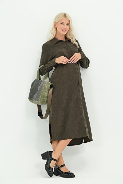BUSA Maternity Front Button Midi Length Velvet Dress Khaki