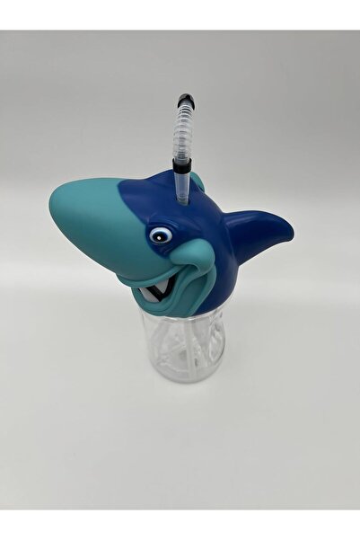 B&D Kids' shark-design water bottle with straw, blue & turquoise, transparent container