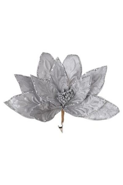 Jumbo Christmas Decorative Flower - Grey with Silver Glitter & Clip, 32 cm