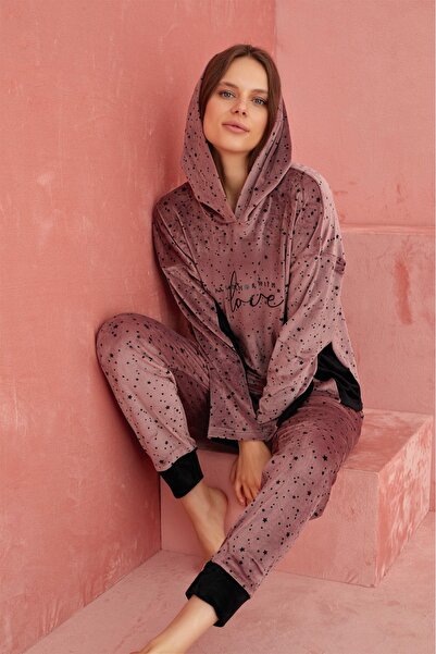 ELİTOL Velvet Love Star Patterned Hooded Piece Women's Home Set – Dusty Rose
