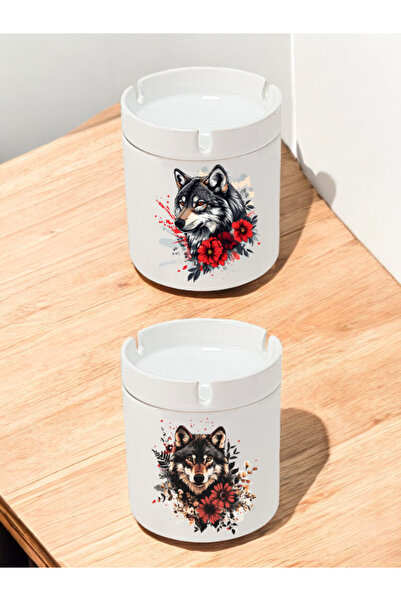 lili hediyelik Çiçek Kurt Printed 2-Piece Ashtray - Ceramic Ash Tray, Ceramic Ashtray with Lid, Office Ashtray