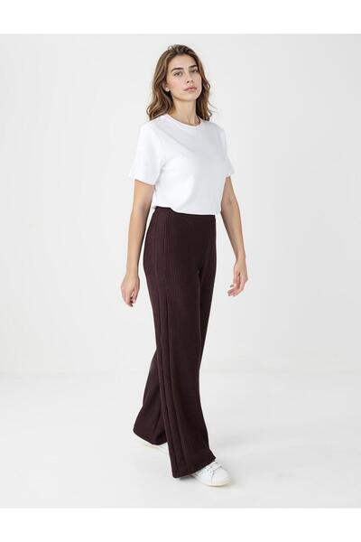 Jimmy Key Acı Kahve Yüksek Bel Bol Paça Desenli Çizgili Örme Pantolon