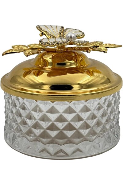 B&D جرة زجاجية كريستالية بغطاء ذهبي على شكل فراشة - حاوية مجوهرات بنقشة ماسية