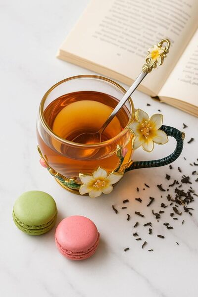 B&D Decorative Glass Tea Cup with Floral Design, Matching Spoon, Enamel-Coated Handle