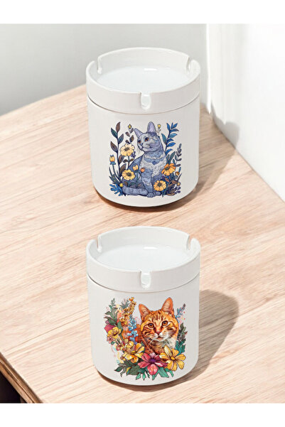 lili hediyelik Cat Inside Flower B Printed 2-Pack Ashtray - Funny Ashtray, Humorous Ash Tray, Odorless Ashtray