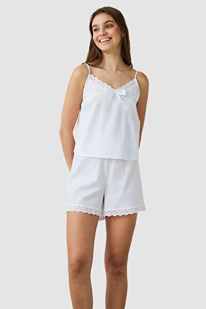 Penti White Ruched V Neck Adjustable Strap Shorts Pyjama Set