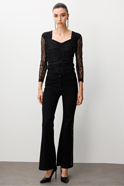 Moda İlgi Modailgi Yanları Taş Detaylı Yüksek Bel İspanyol Paça Pantolon Siyah